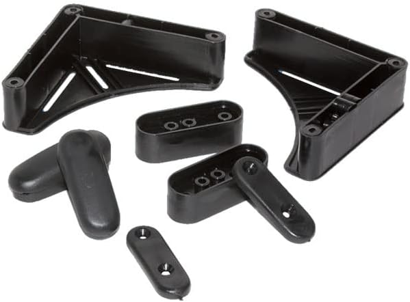 Set of black plastic brackets and components on a white background