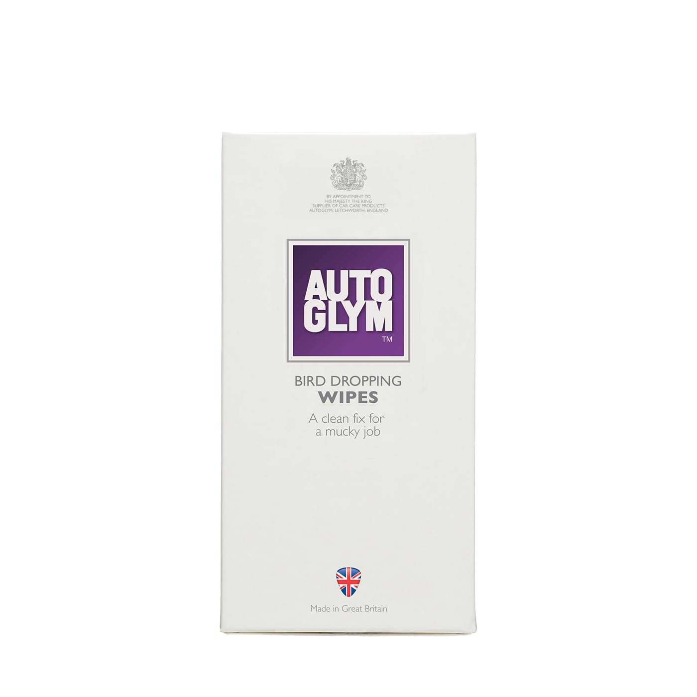Box of Autoglym bird dropping wipes on a white background
