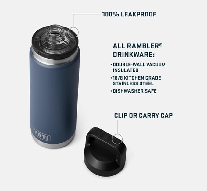 Blue Yeti drinkware with features highlighted on a white background