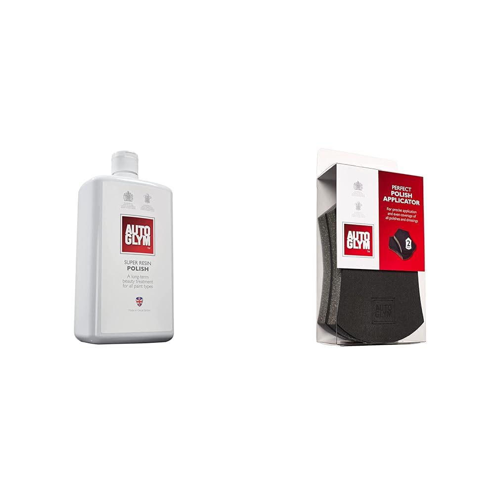 Auto Glym car care product set with polish bottle and applicator on a white background