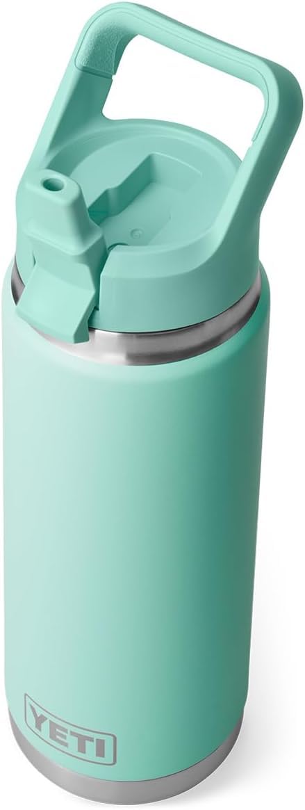 Mint green YETI water bottle with handle on a white background