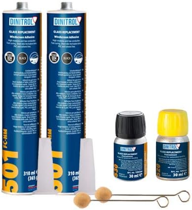Dinitrol glass replacement adhesive and tools on a white background