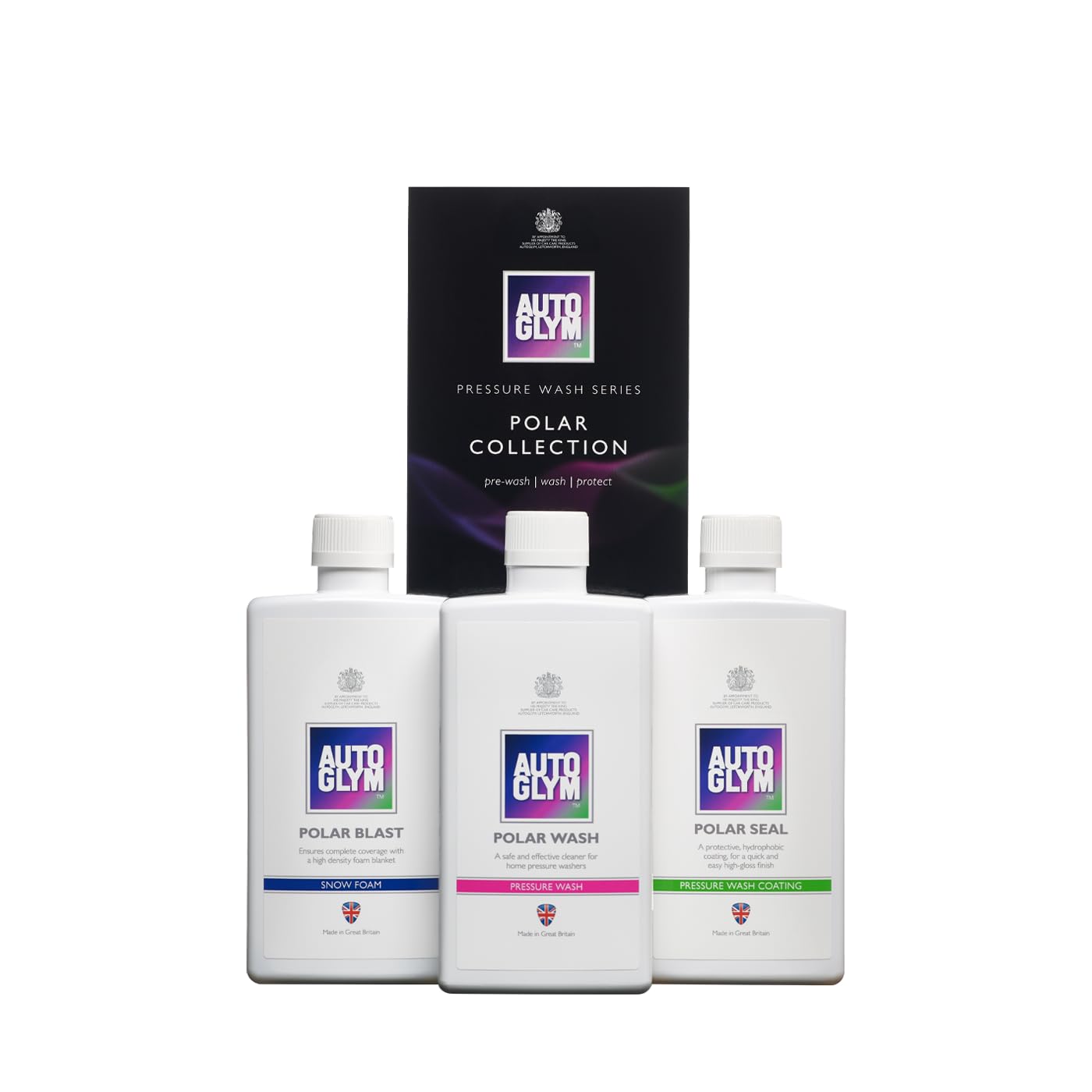 Three Auto Glym bottles with packaging on a white background