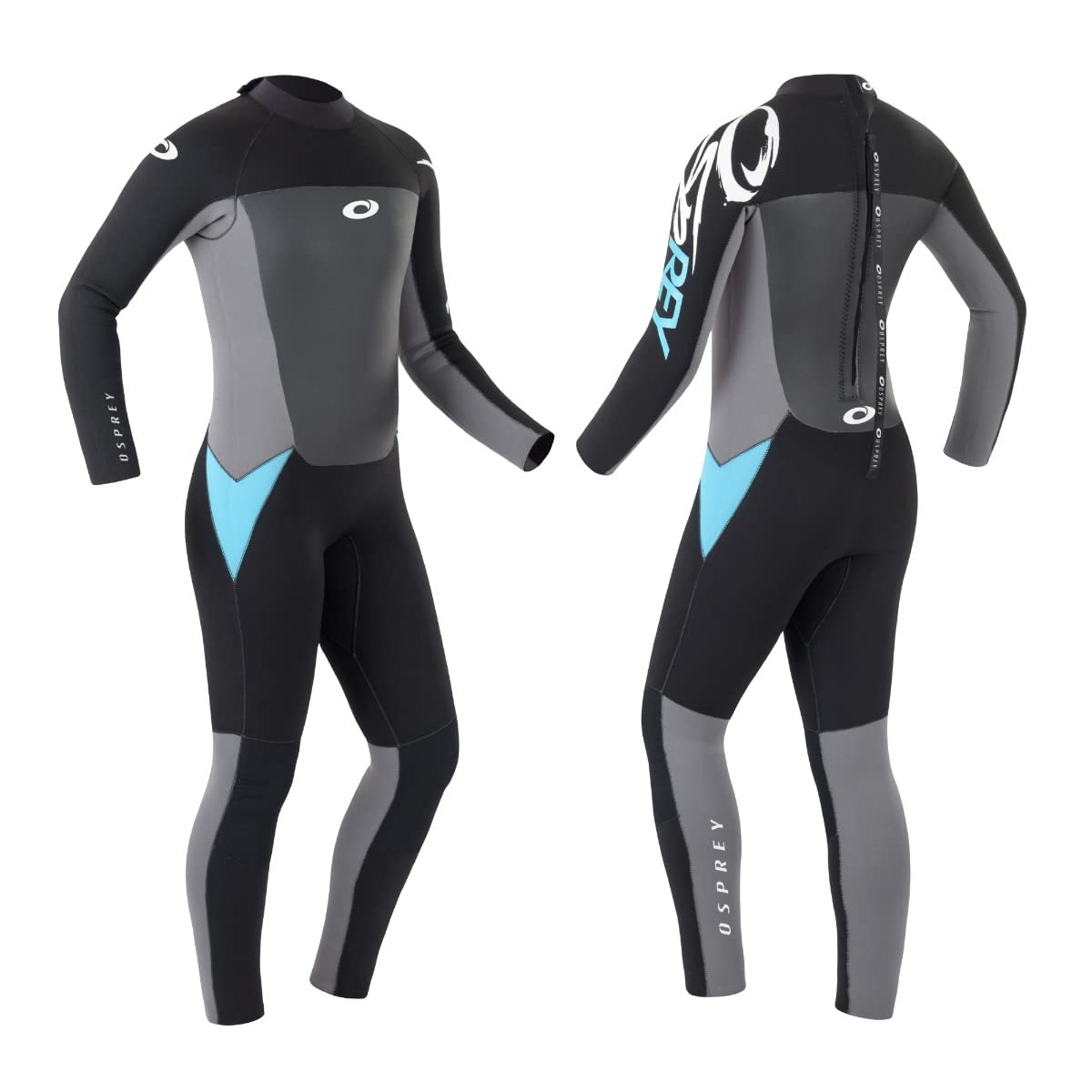 Black, gray, and blue wetsuit with brand logo on a white background