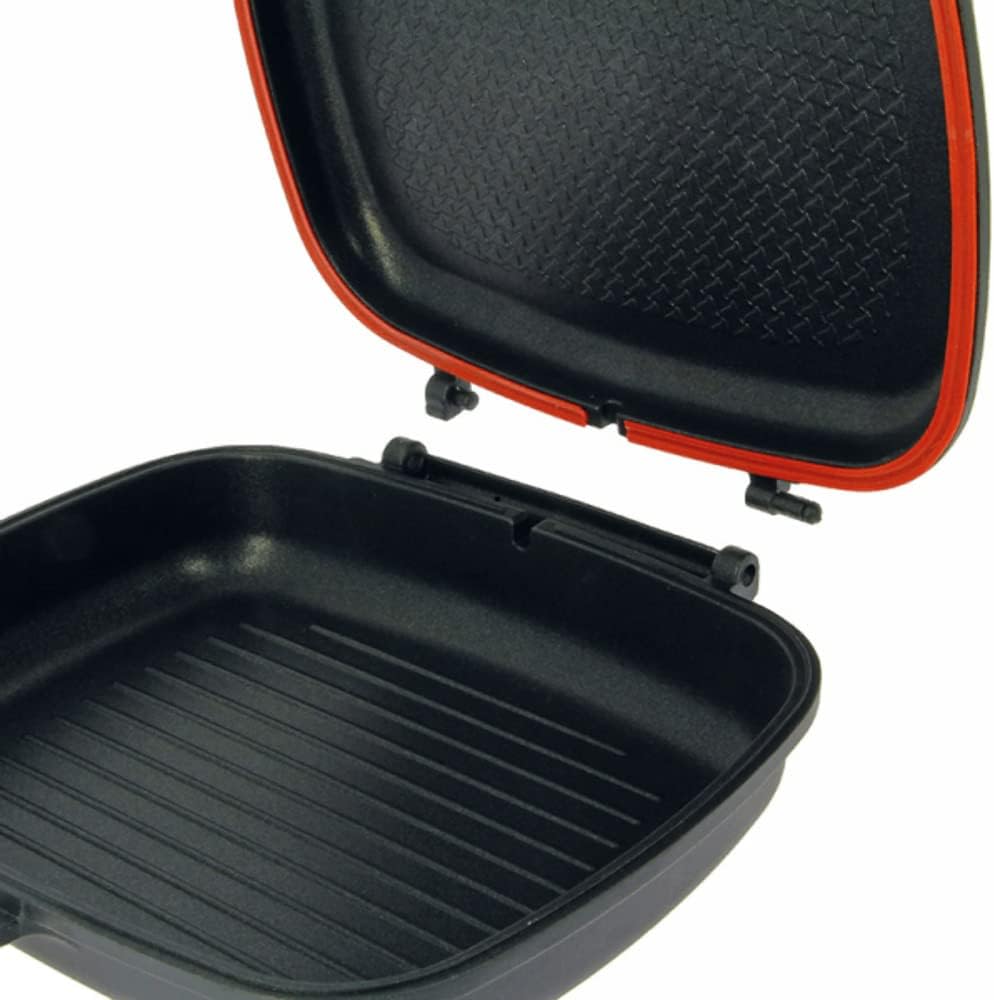 Black grill pan with red exterior on a white background