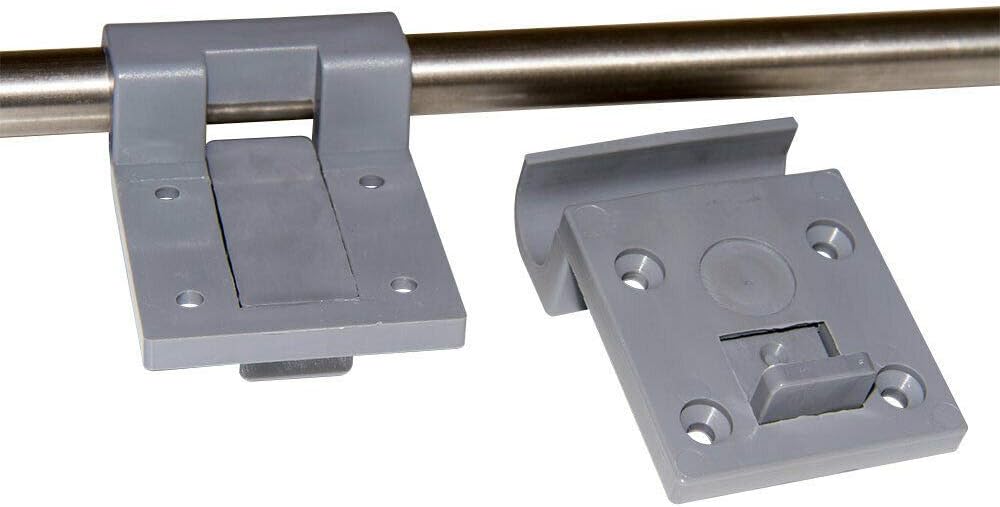 Two gray metal brackets attached to a horizontal rod on a white background