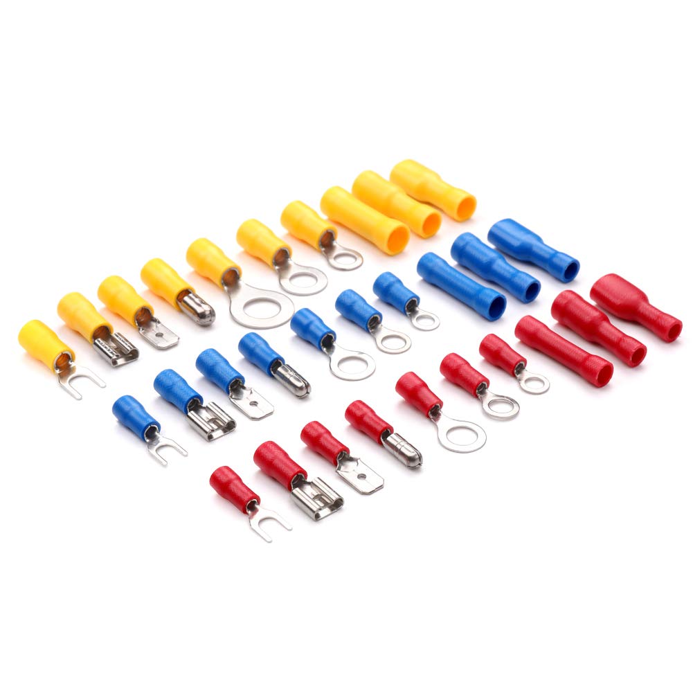 Set of insulated wire connectors in red, blue, and yellow on a white background