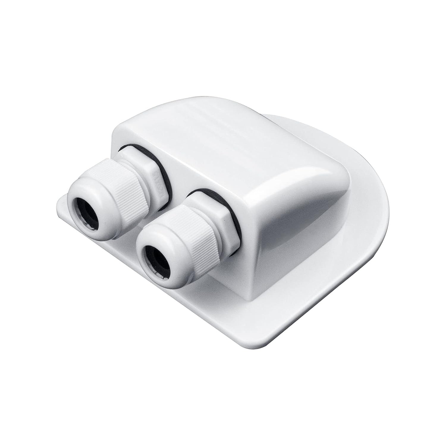 White electronic device with two circular ports on a white background