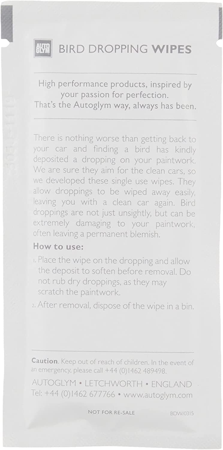 Bird dropping wipes packaging with text on a white background