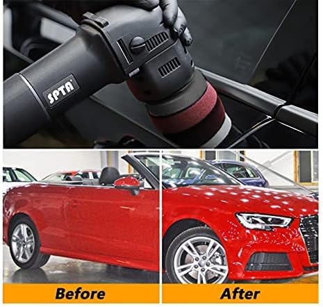 Car detailing tool with SPTA branding and a before-and-after comparison of a red car.