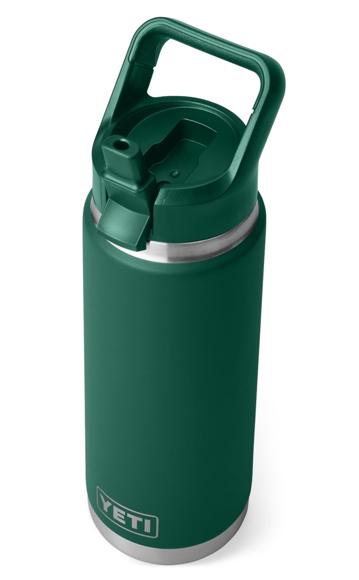 Green YETI water bottle with a screw-on lid on a white background