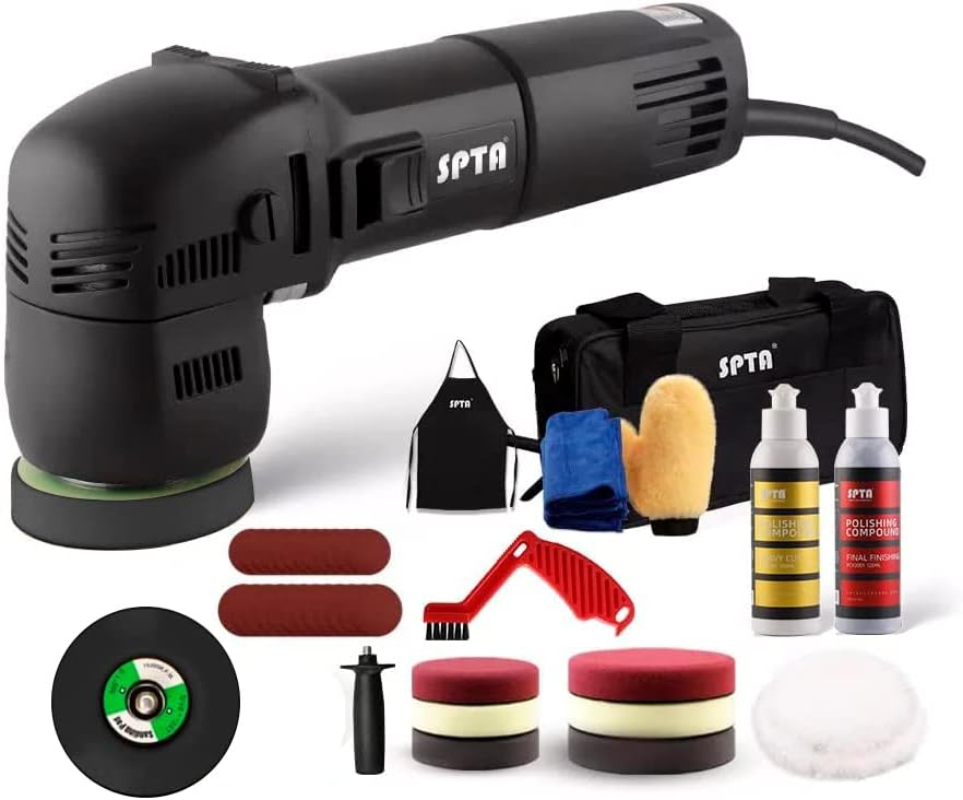 SPTA car polishing kit with polisher, accessories, and cleaning supplies on a white background