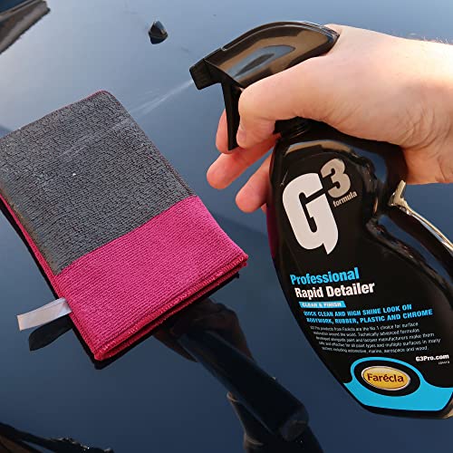 Person holding a bottle of G3 Professional Rapid Detailer with a microfiber cloth on a car surface.