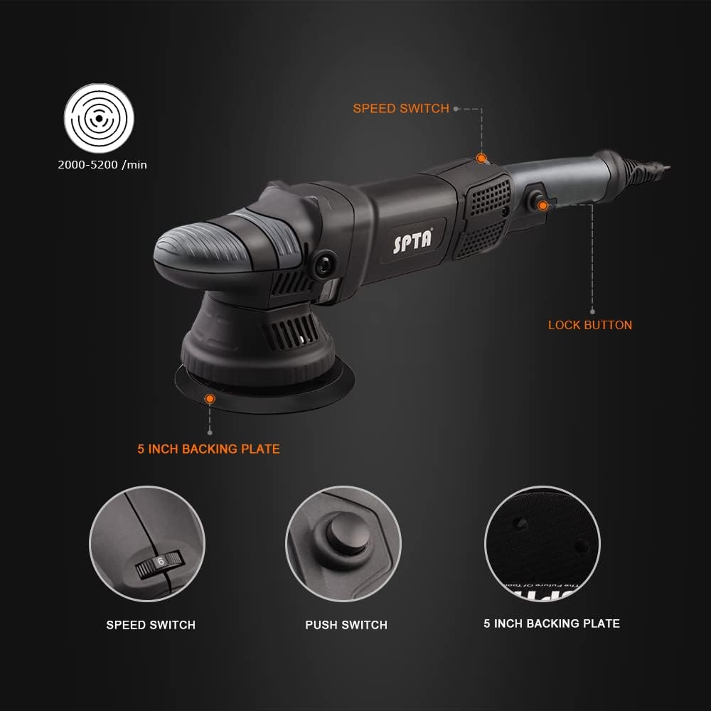 SPTA power tool with labeled parts on a black background