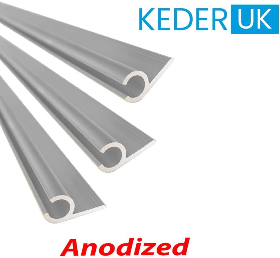 Three anodized metal profiles with Keder UK branding on a white background