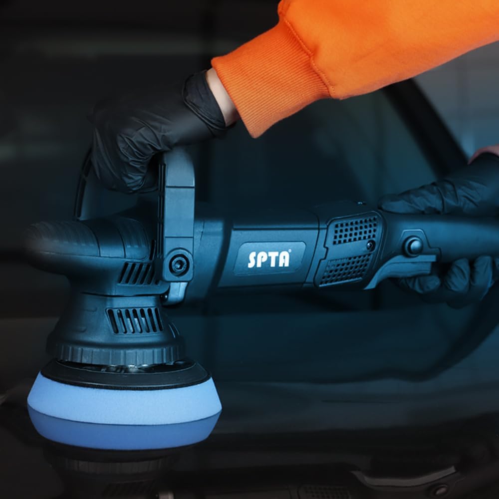 Person using a car polisher with 'SPTA' branding on a dark background