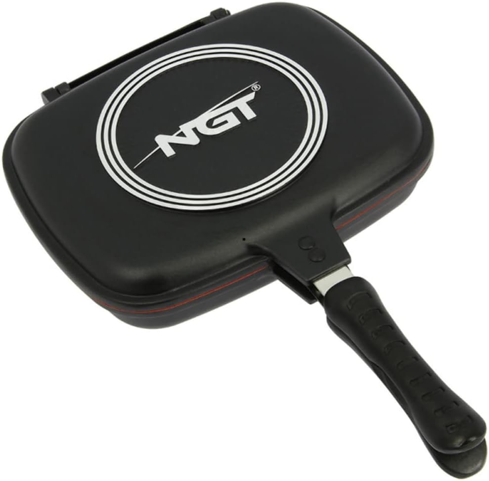 Black NGT grill pan with a handle on a white background