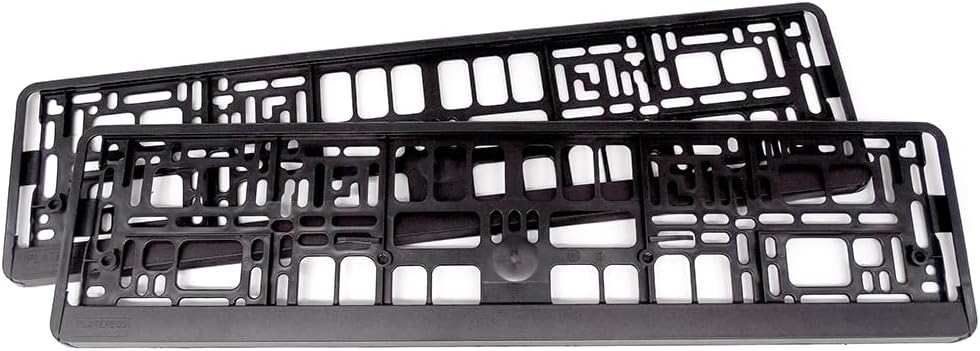 Two black license plate frames with geometric patterns on a white background
