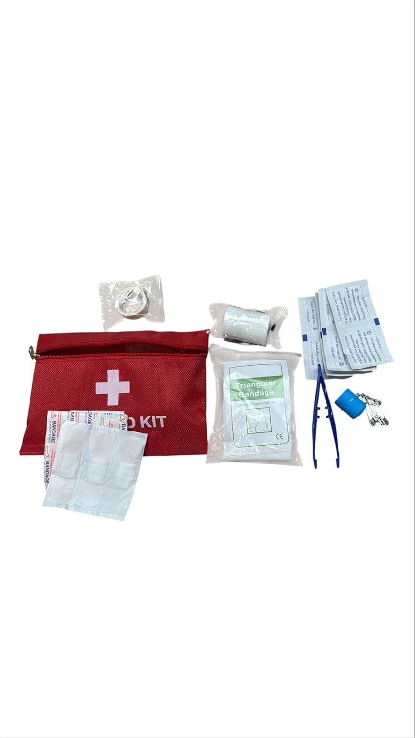 First aid kit with various components on a white background