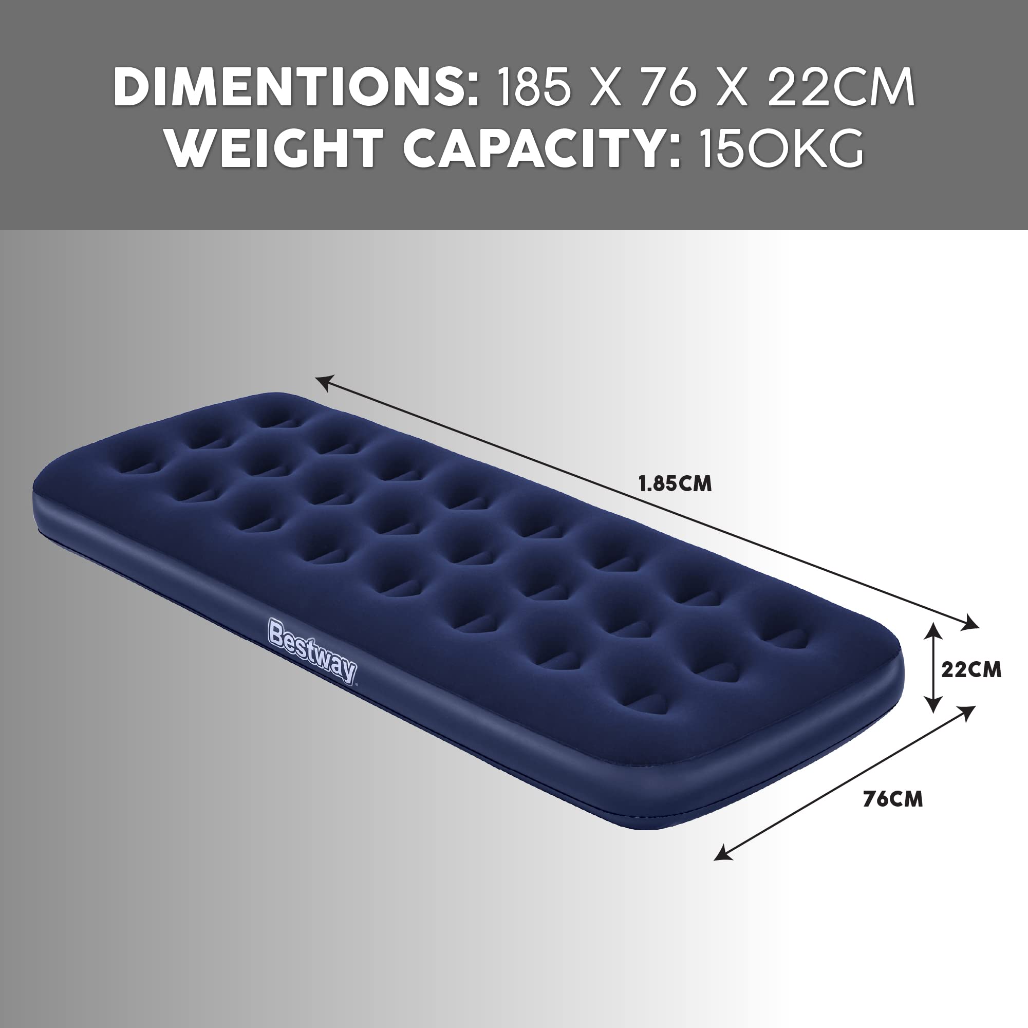 Blue inflatable mattress with dimensions and weight capacity on a gray background