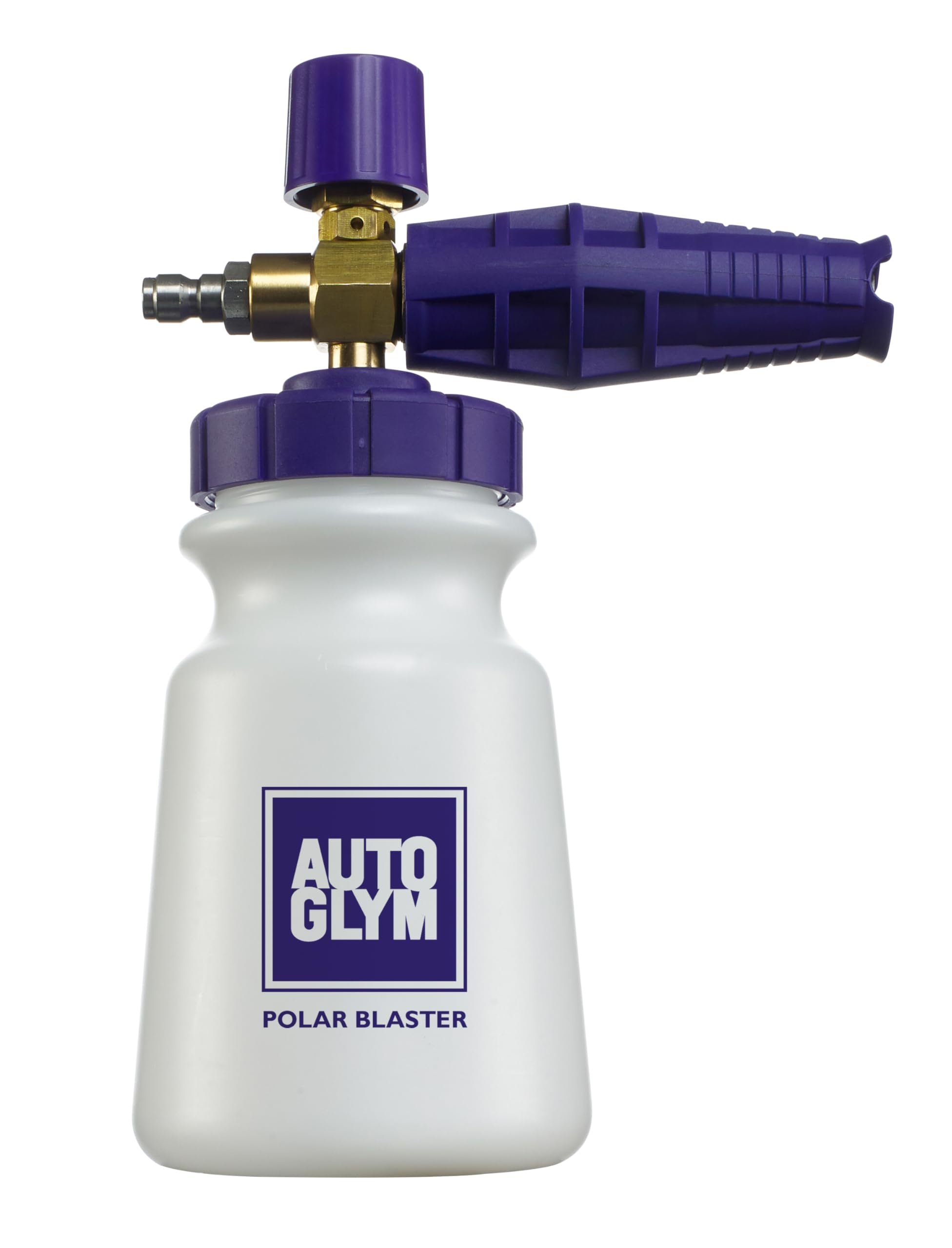 White foam cannon with purple top and Autoglym logo on a white background