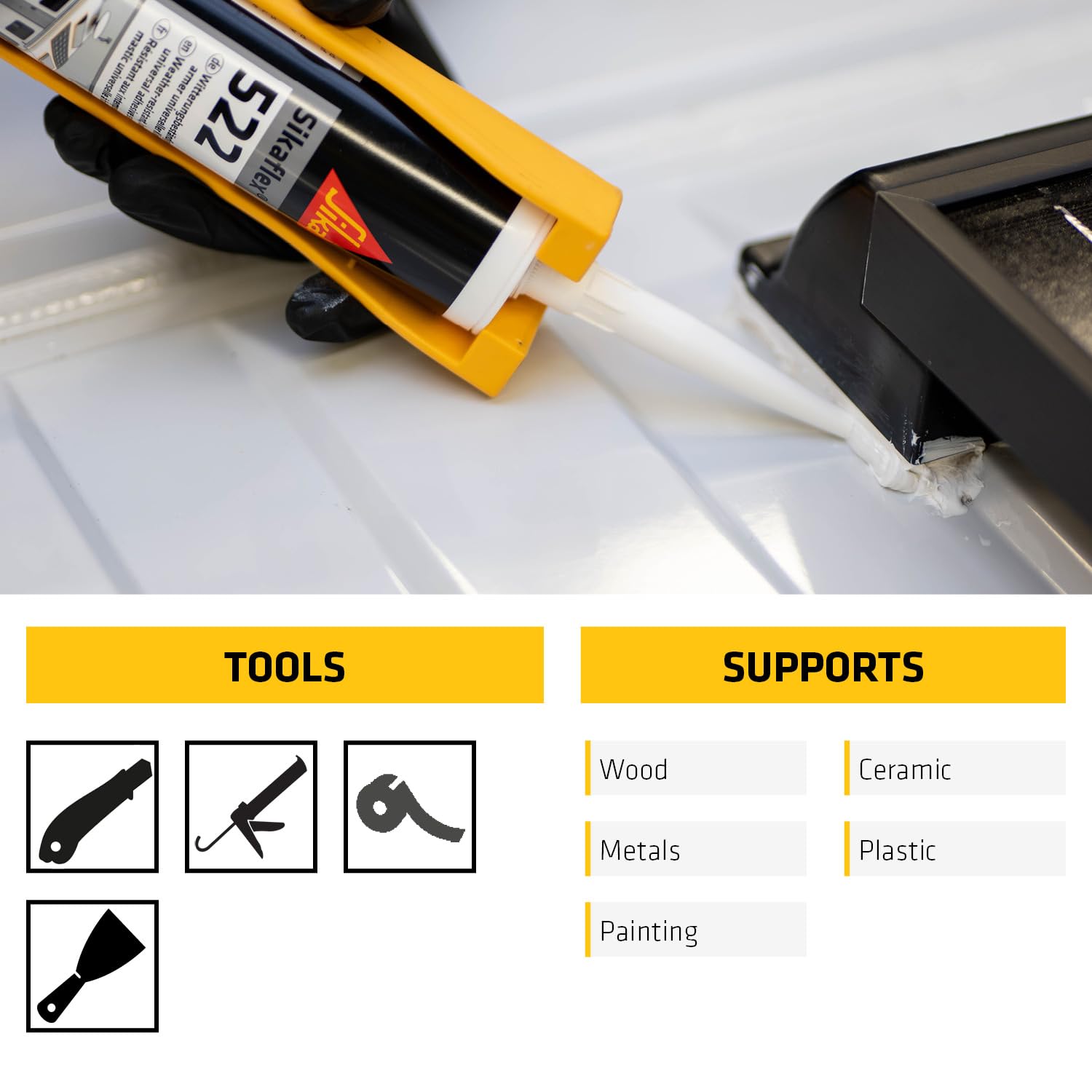 Caulking gun applying sealant with tools and supports listed below.