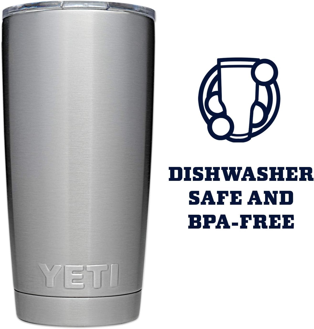 Silver YETI tumbler with dishwasher safe and BPA-free text and icon on a white background