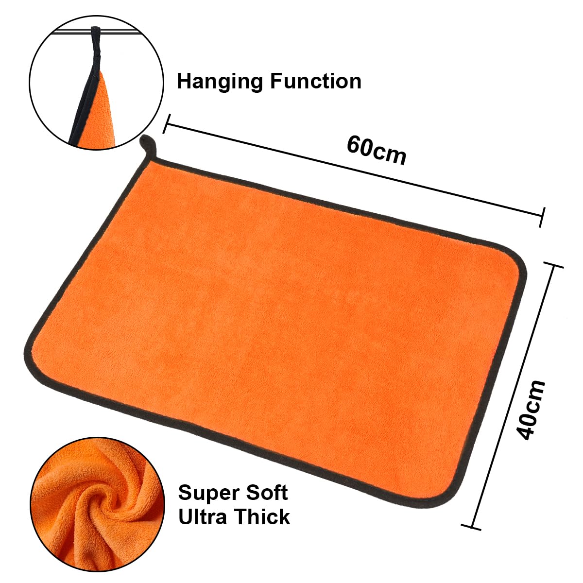 Orange towel with dimensions and features highlighted on a white background