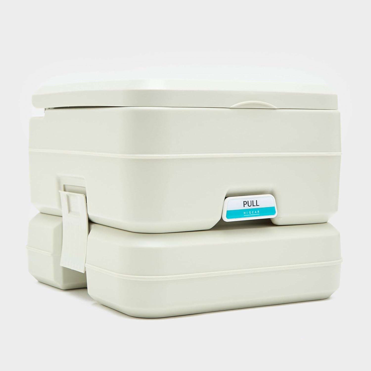 White portable toilet with 'PULL' label on a white background