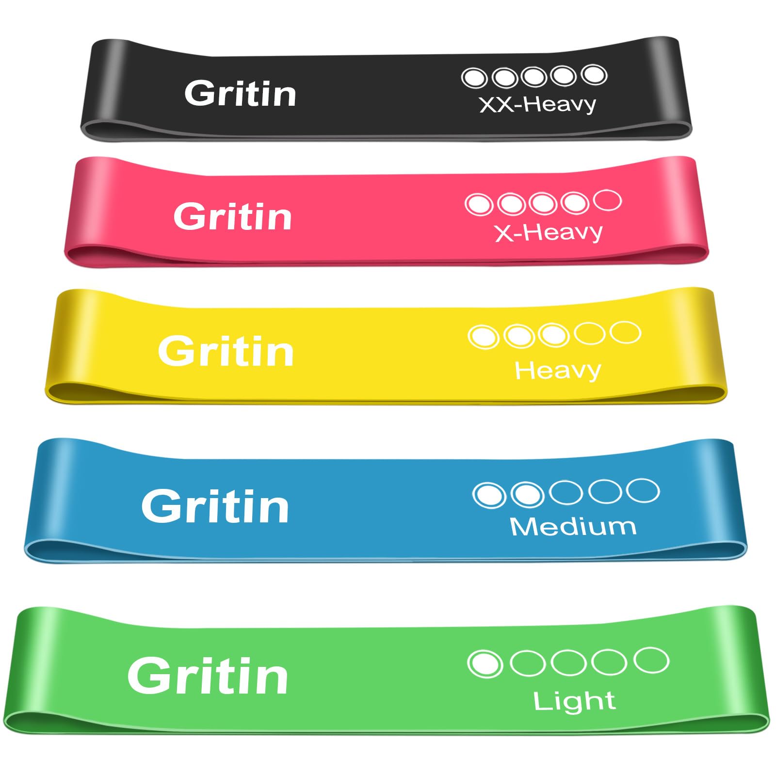 Set of Gritin resistance bands in different colors and weights on a white background