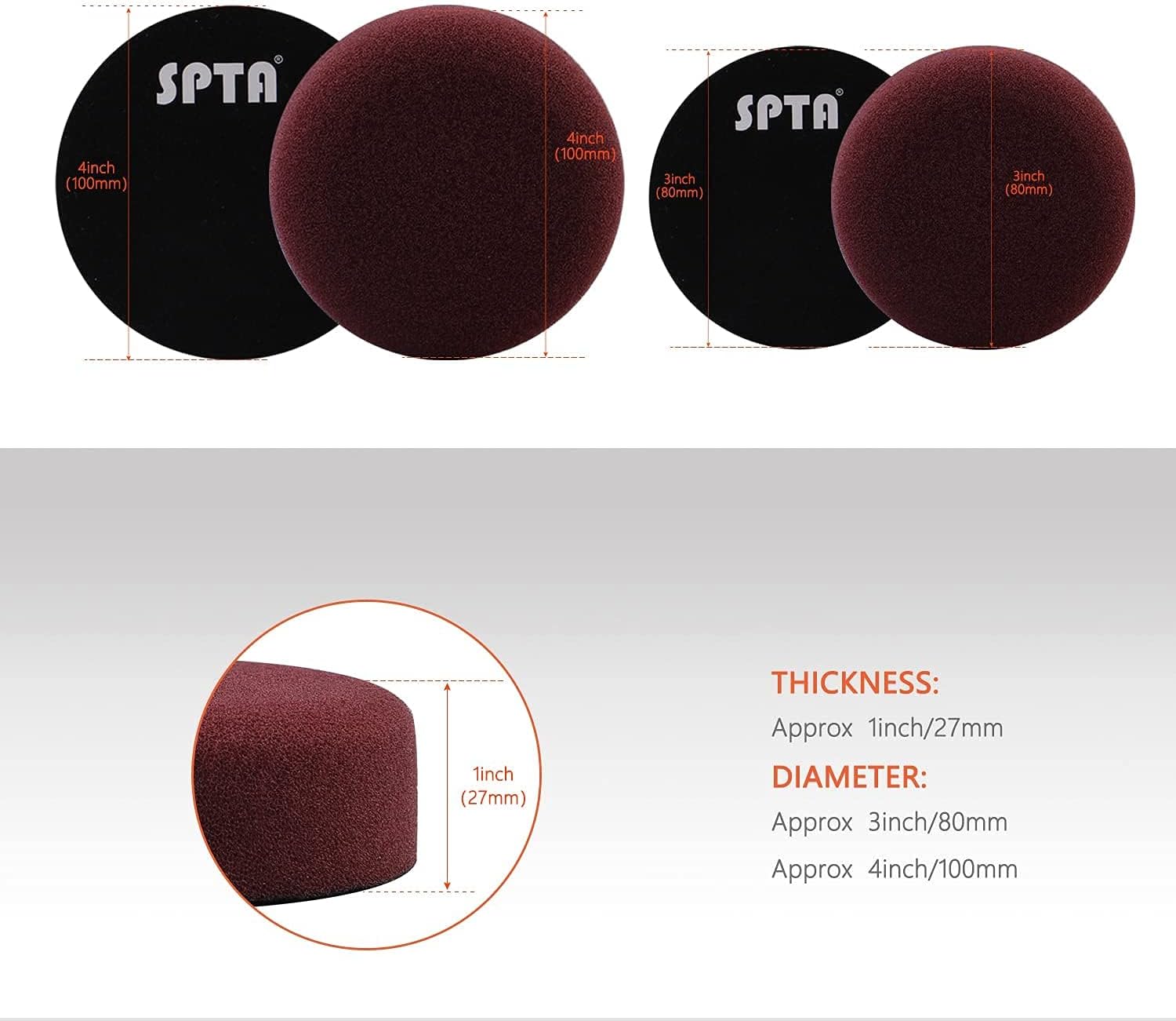 Two red polishing pads with black SPTA branding and measurements on a gray background.