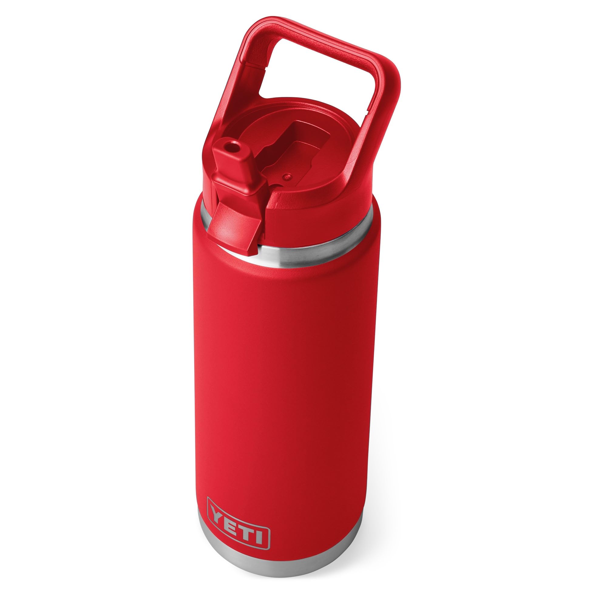 Red YETI water bottle with a silver base on a white background
