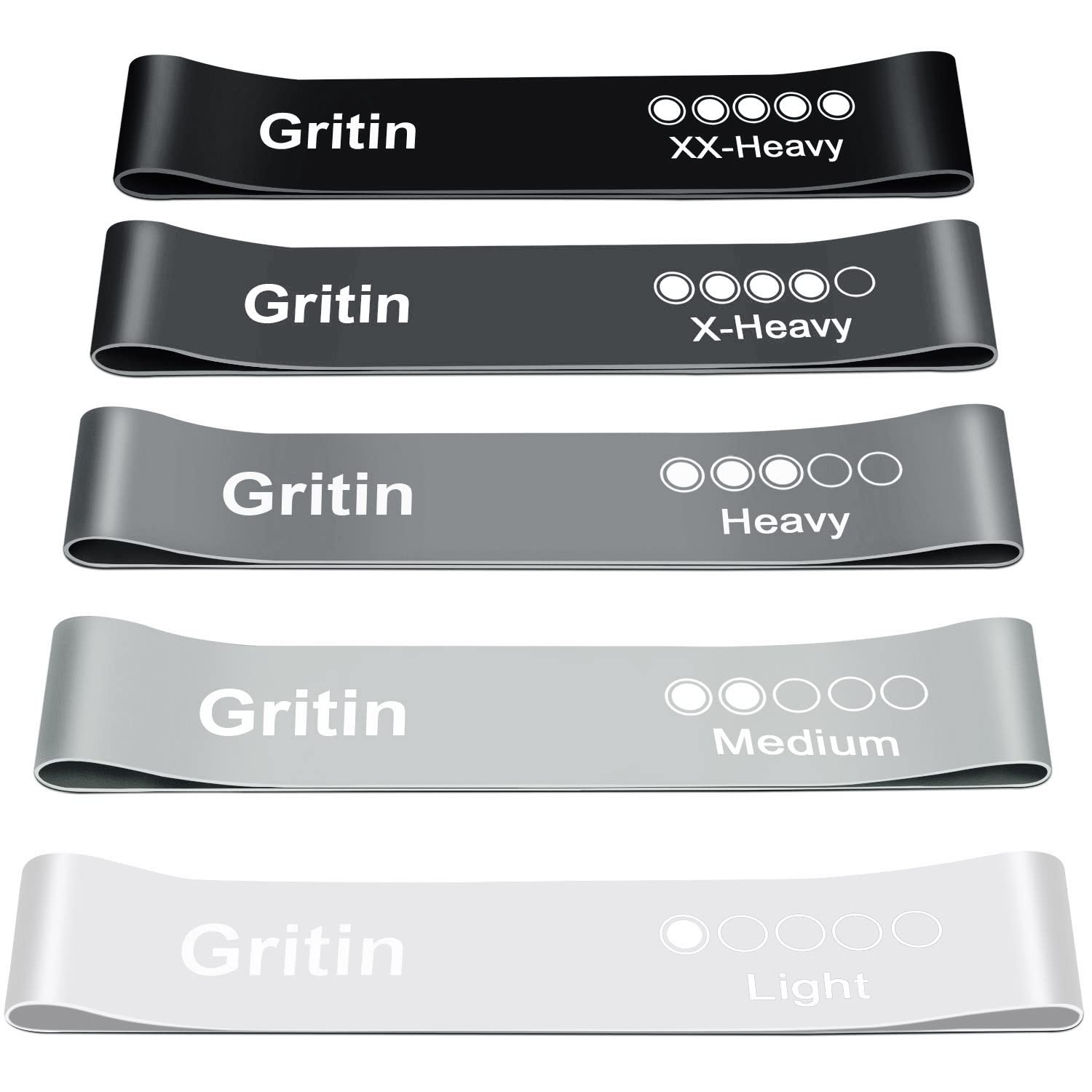 Set of Gritin resistance bands in different weights on a white background