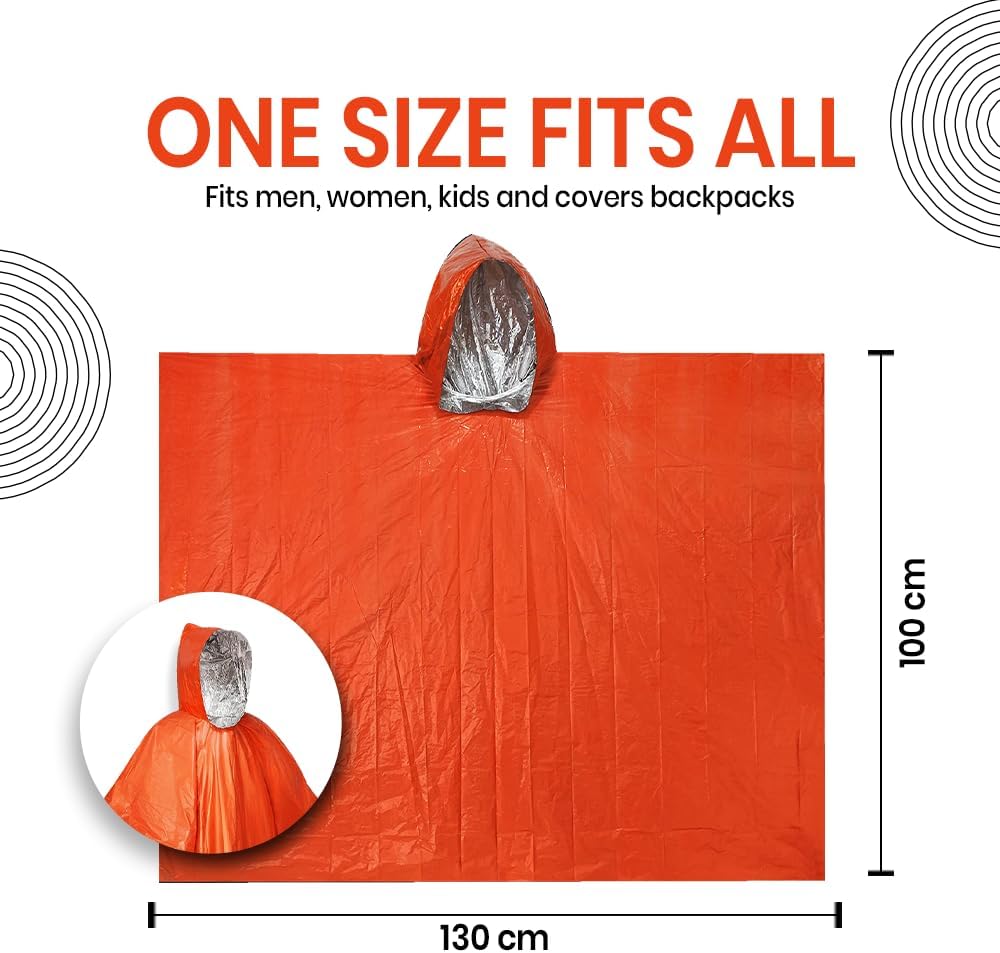 Orange rain poncho with dimensions and text indicating 'One size fits all' on a white background.