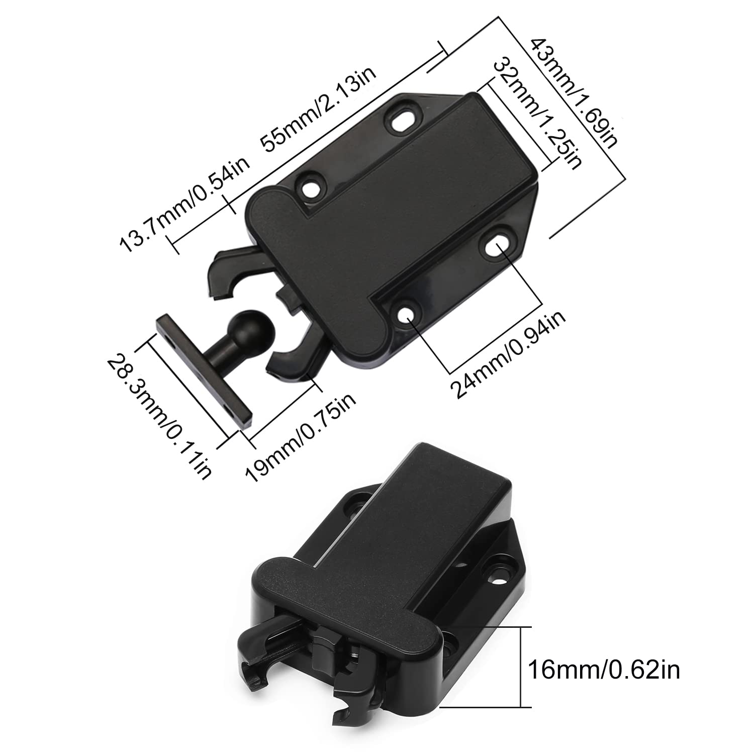Black metal latch with dimensions labeled on a white background