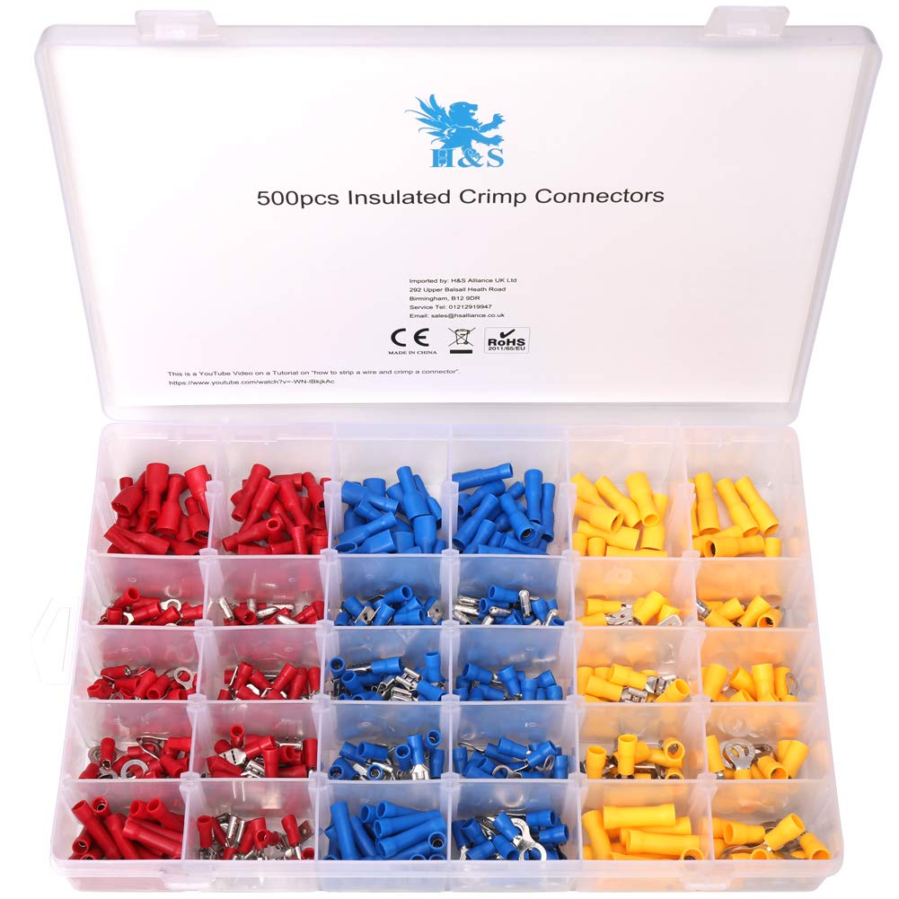 Assorted insulated crimp connectors in a clear plastic box with visible brand logo.