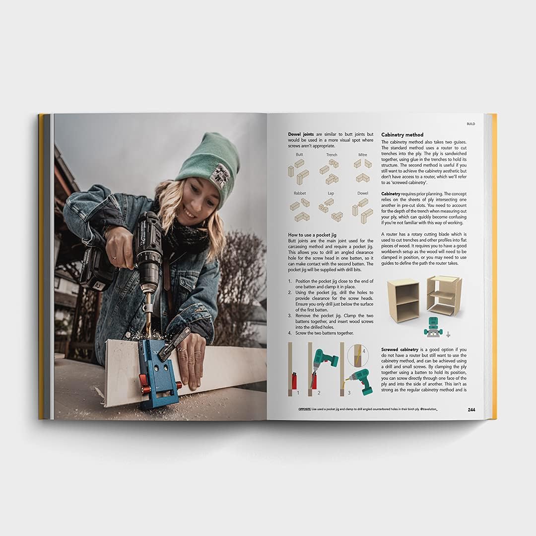 Open book showing a person using a drill and text on woodworking.