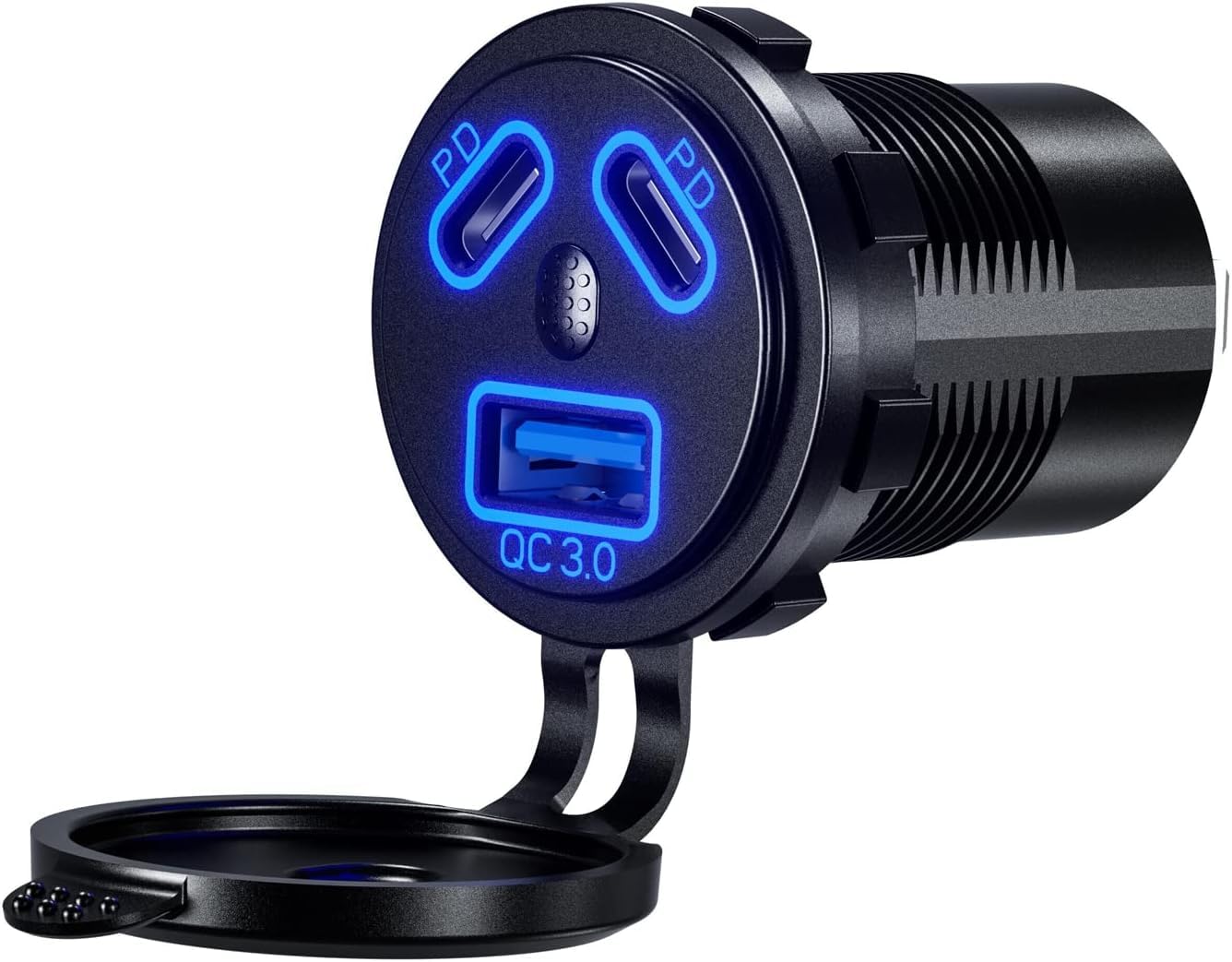 Black car charger with multiple USB ports and LED indicators on a white background