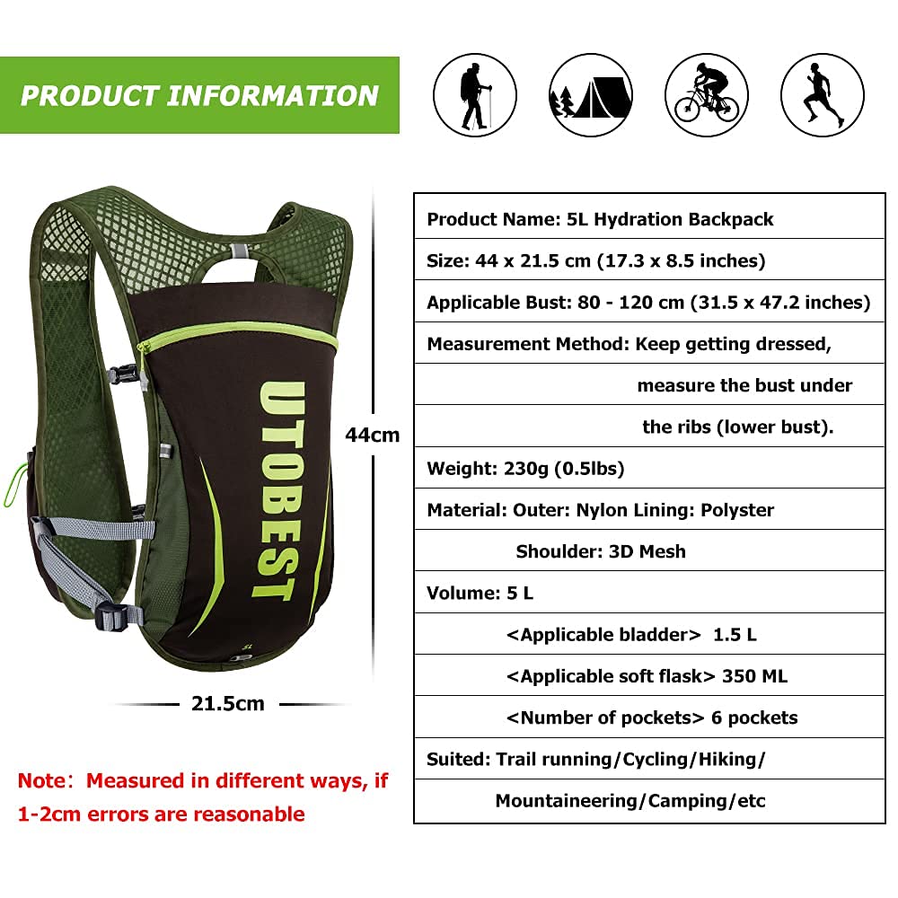 Green hydration backpack with product information on a white background