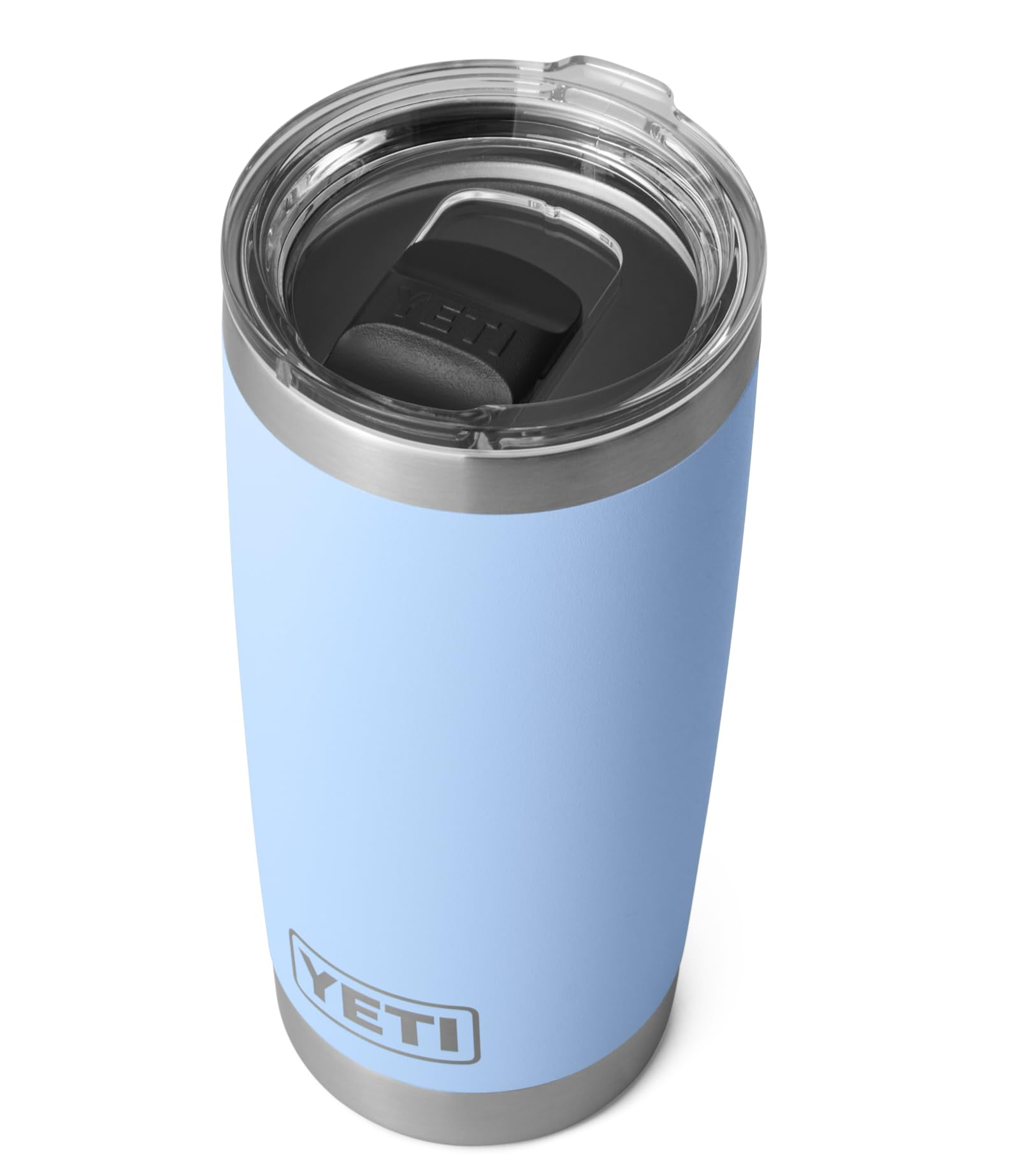 Blue YETI tumbler on a white background