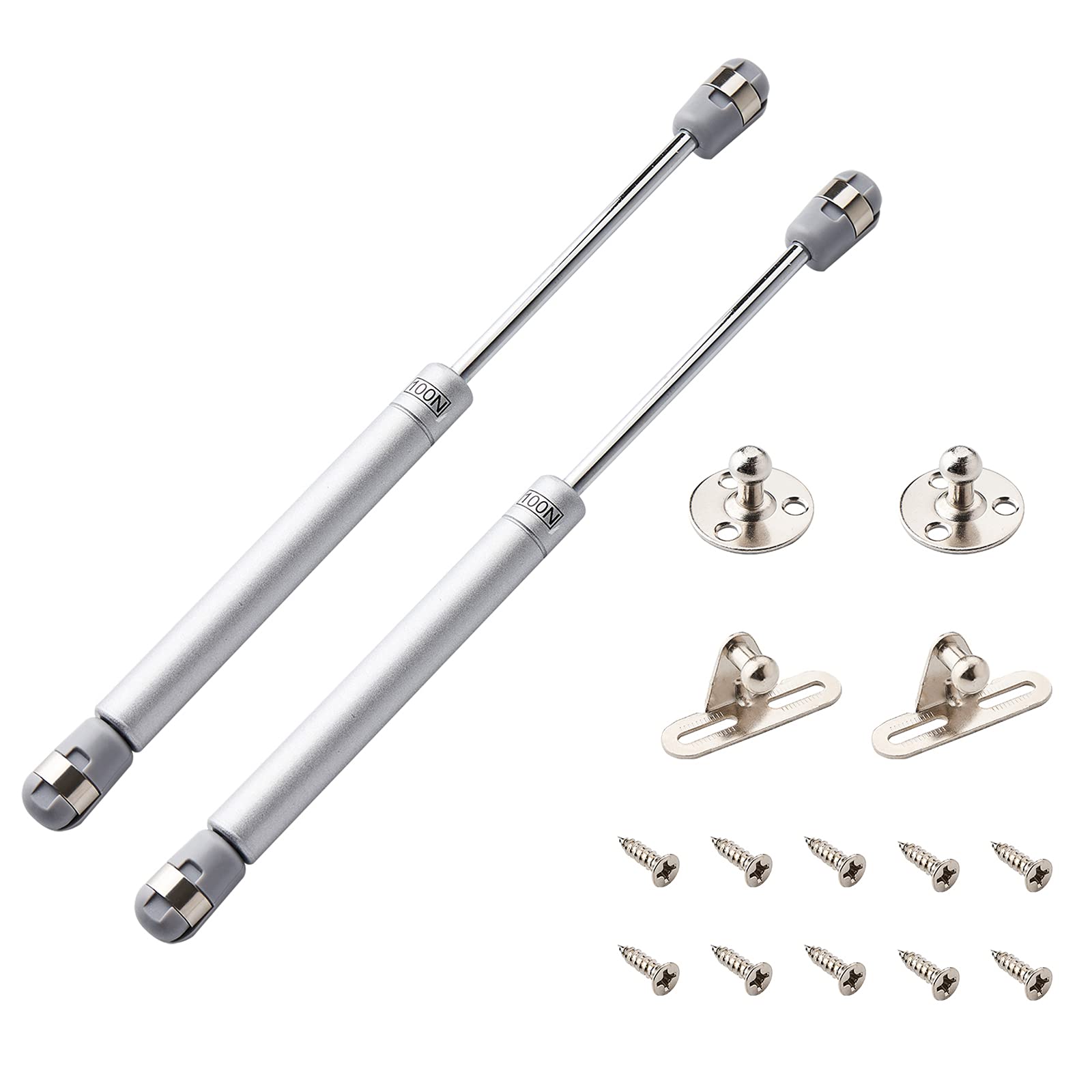 Two gas spring shock absorbers with mounting hardware on a white background