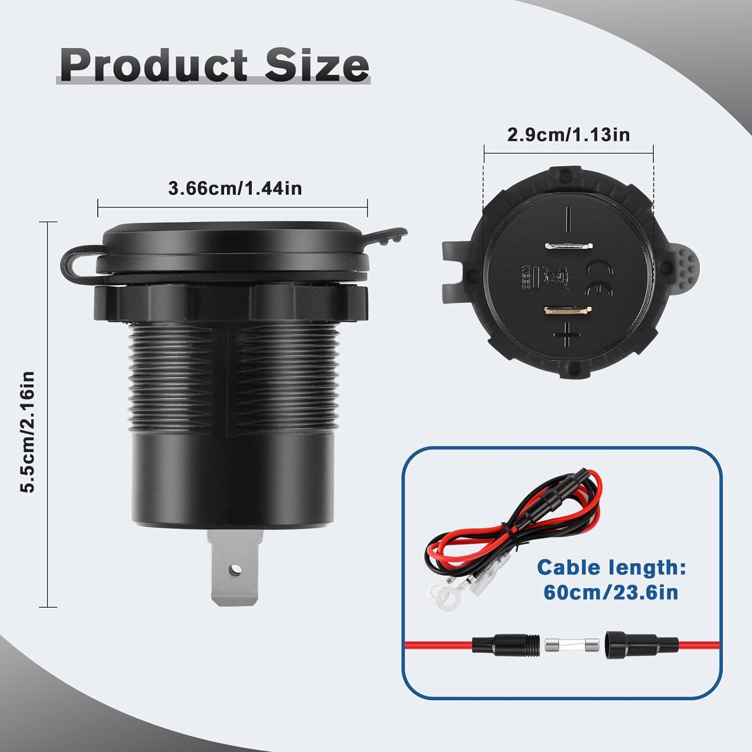 Black electrical connector with dimensions and cable length information on a gray and white background