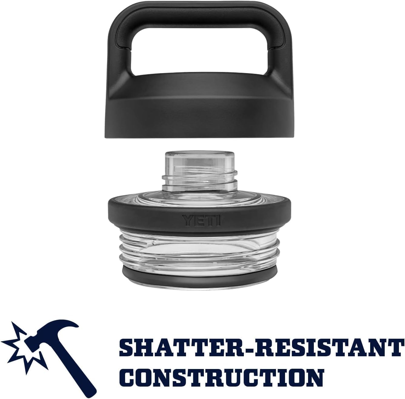 Black shatter-resistant bottle cap on a white background with 'YETI' branding.