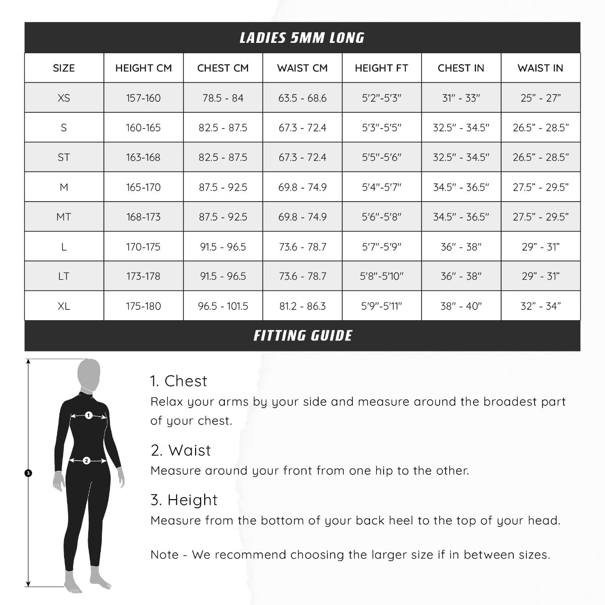 Fitting guide for ladies wetsuits with size chart and measurement instructions.