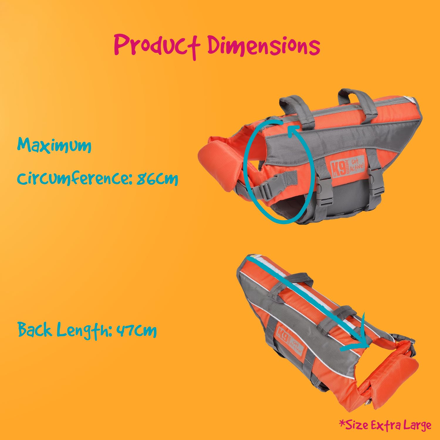 Orange and gray life jacket with product dimensions on a yellow background