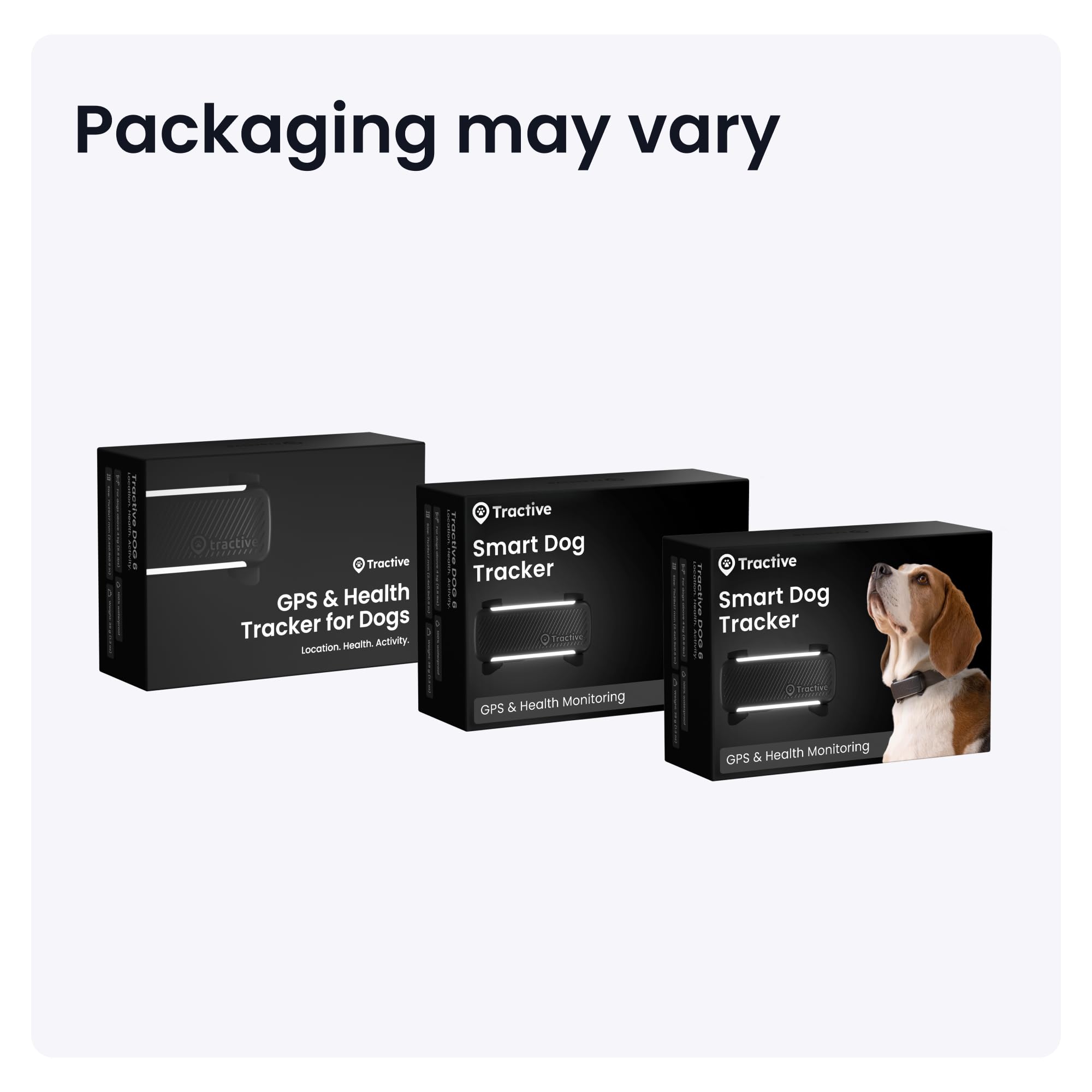 Three black boxes of Tractive Smart Dog Tracker for Dogs on a white background with text 'Packaging may vary'.