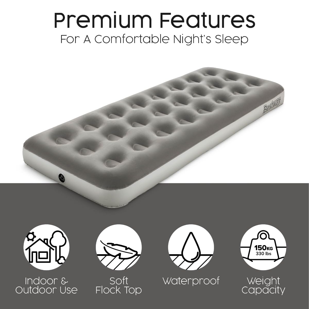 Inflatable mattress with text highlighting premium features on a white background