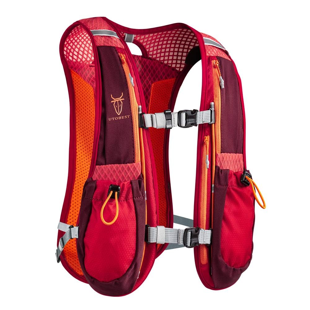 Red and orange hydration vest with multiple pockets and straps on a white background