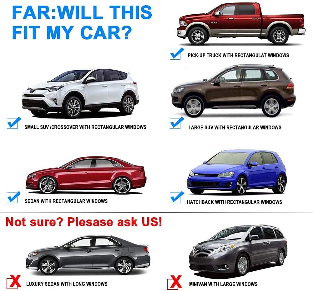 Illustration of various car types with checkboxes and text asking if a product will fit different vehicle models.