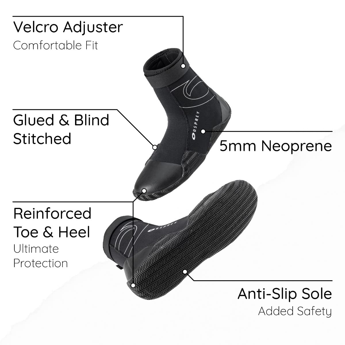 Black neoprene diving boot with feature labels on a white background